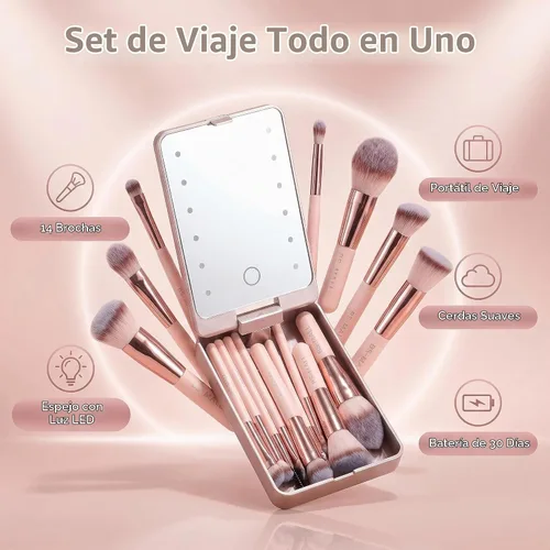 Vista 2 de BS-MALL - Set de brochas de maquillaje con espejo LED, 14 piezas, base en polvo, correctores, sombras de ojos, mini brochas de maquillaje (APINK)