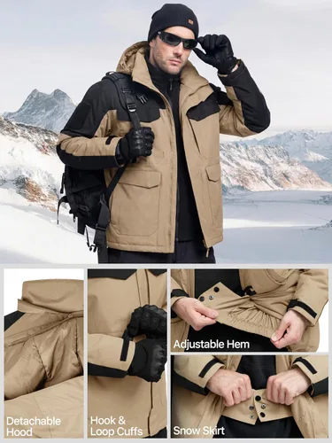 Vista 5 de FREE SOLDIER Chaqueta de esquí impermeable para hombre, abrigo cálido de invierno para nieve, snowboard con múltiples bolsillos, capucha desmontable