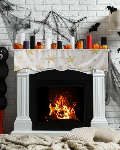 Vista 3 de Funda para bufanda de chimenea con diseño de copo de nieve dorado, para Navidad, Halloween, Acción de Gracias, otoño, decoración de interiores