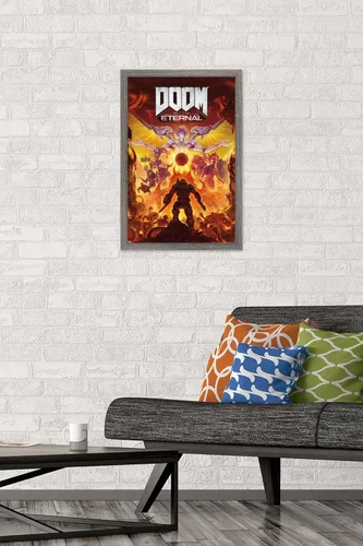 Vista 2 de Trends International Doom Eternal Maykr - Póster de pared, 22.4 pulgadas de largo x 14.7 pulgadas, versión enmarcada en madera de granero