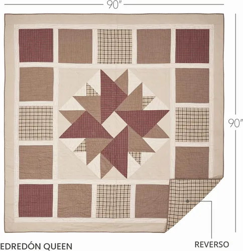 Vista 2 de VHC Brands Cider Mill - Edredón reversible tamaño Queen, color marrón y rojo, 90 x 90 pulgadas