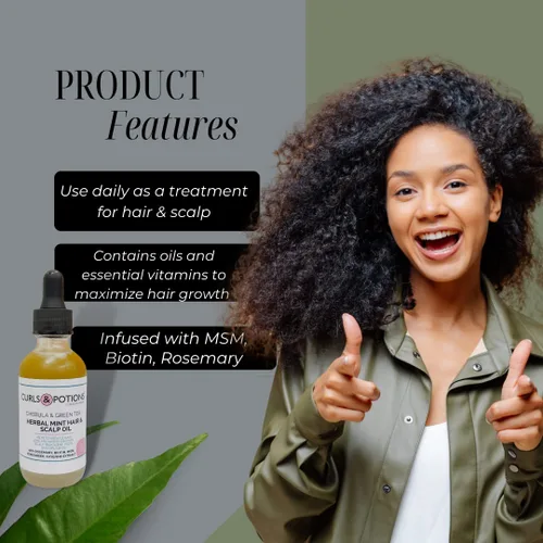 Vista 3 de Curls & Potions Aceite de menta de hierbas para el cabello y el cuero cabelludo con chebula y té verde con biotina, MSM, aceite para el crecimiento
