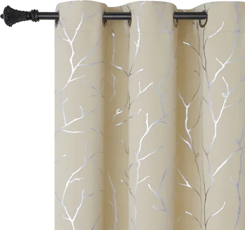 Vista 58 de BUHUA Cortinas pequeñas para ventana de 36 pulgadas de largo, 2 paneles, cortinas opacas con elegantes ramas de árbol plateadas, cortinas de bloqueo