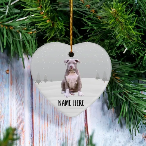 Vista 2 de Personalized Name American Bully Puppy Sitting Christmas Tree Ornaments Heart Ceramic Decorations Gifts for Dog Mom