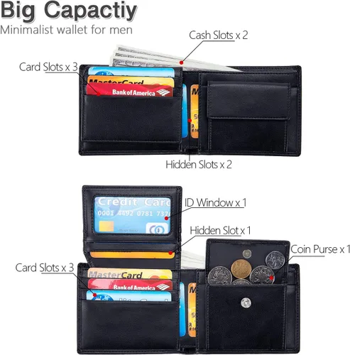 Vista 7 de OFAMOUS Cartera de cuero para hombre con bolsillo para monedas, ventana de identificación con bloqueo RFID, delgada, plegable, para tarjeta