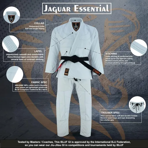Vista 3 de JAGUAR PRO GEAR Athlete Series Brazilian Jiu Jitsu Unisex para niños y adultos Kimono Gi uniforme ligero con cinturón blanco