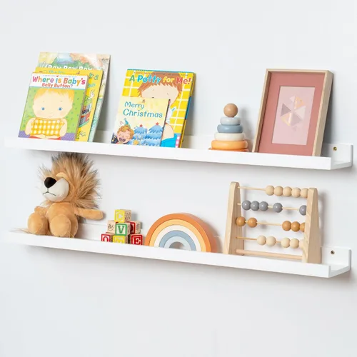 Vista 43 de FLYJOE Estante de repisa de fotos para pared, 24 pulgadas de madera de fresno maciza, estantes para libros de guardería, estantes flotantes