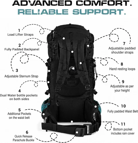 Vista 6 de Expedition - Mochila de senderismo con marco interno de 80 litros, ligera, impermeable, mochila de senderismo y campamento con cubierta para lluvia