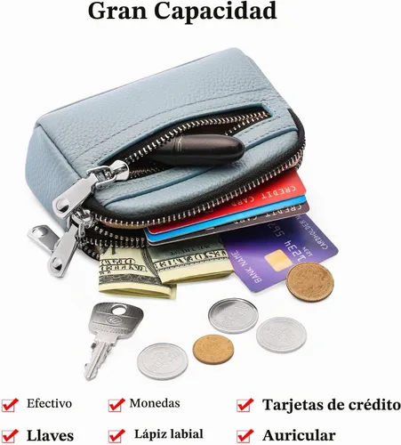 Vista 2 de SENDEFN Monedero para mujer de cuero con doble cremallera alrededor de bolsa pequeña, Azul
