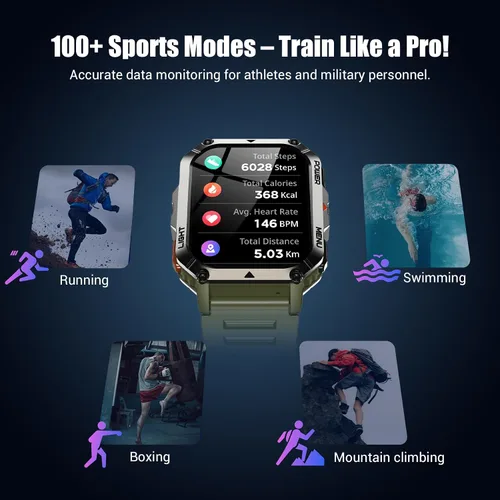 Vista 6 de Relojes inteligentes militares para hombres, reloj inteligente para Android iPhone con gran pantalla HD de 2.01 pulgadas, linterna, batería de 100