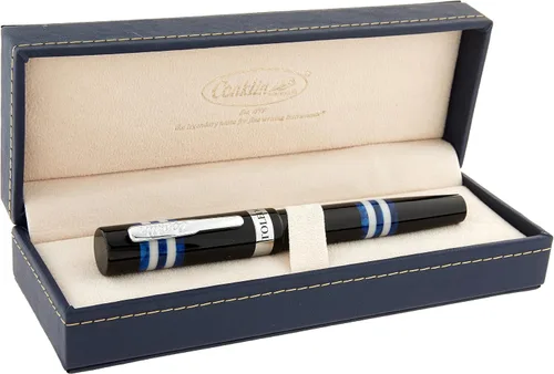 Vista 4 de Conklin Toledo - Pluma estilográfica en negro con segmentos de anillo azul y blanco, punta media, pluma estilográfica de lujo con detalles cromados