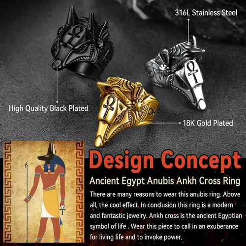 Vista 8 de FaithHeart Anubis - Anillos para hombres y mujeres, joyería de acero inoxidable resistente, anillo de amuleto de cruz Ankh, embalaje delicado, Acero