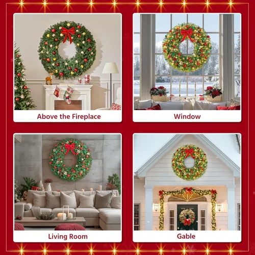 Vista 9 de Yaheetech 2 coronas artificiales grandes de Navidad de 60 pulgadas, decoración navideña preiluminada con lazo rojo, 300 luces LED y 1026 puntas