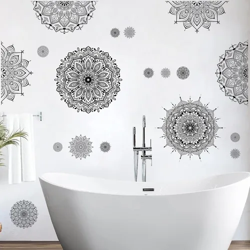 Vista 5 de Kazova Calcomanía de pared de mandala grande, murales artísticos negros para despegar y pegar, calcomanías de mandala boho para dormitorio, sala