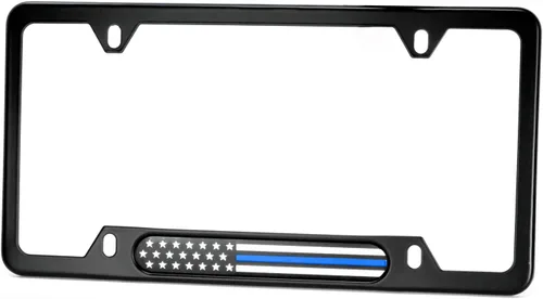 Vista 6 de Marco de matrícula de acero inoxidable negro (bandera negra con línea fina azul)