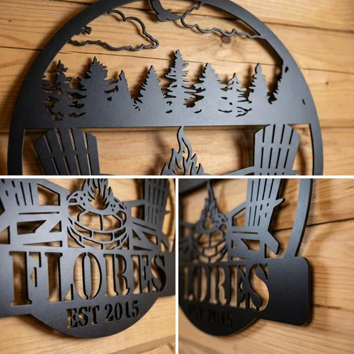 Vista 4 de Customizable Metal Sign for Your Perfect Mountain Getaway - Featuring Fire Pit and Scenic View, Personalized Family Badge with Fire Pit - Create
