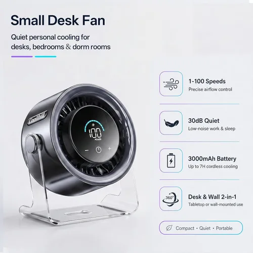 Vista 2 de Ventilador de escritorio USB para dormitorio: Pantalla digital de 100 velocidades, ventilador portátil silencioso con flujo de aire turbo, rotación