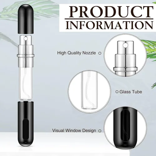 Vista 3 de Atomizador de perfume recargable negro brillante, mini botella de spray de 0.2 fl oz con 10 bombas dispensadoras, estuche para botella de perfume