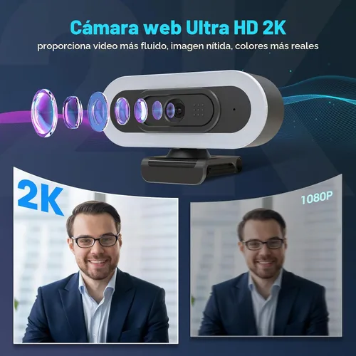 Vista 6 de Cámara web de transmisión ToLuLu 2K 50FPS, cámara web LED RGB con micrófono y luz, cámara de computadora con enfoque automático con cubierta