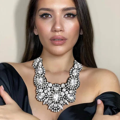 Vista 2 de Flyonce - Collar de diamantes de imitación con cuentas de cristal, collar tipo babero con cuentas gruesas, joyería para mujer