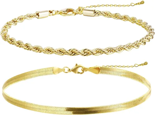 Vista 5 de MIDEEO - Pulseras chapadas en oro para mujer, juego de delgadas pulseras de cadena para combinar, de espiga, trenzada, de circonita cúbica