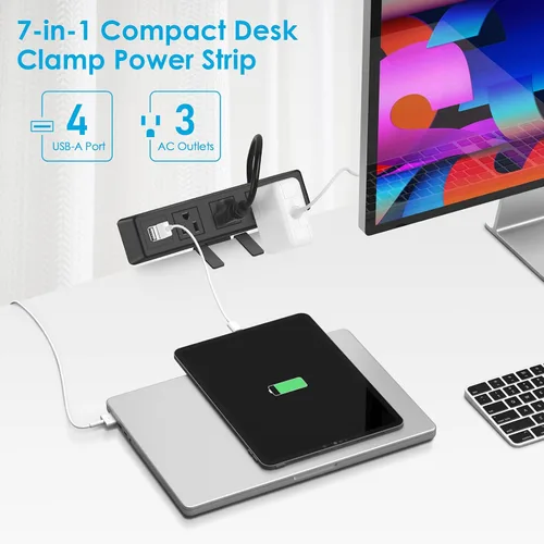 Vista 2 de Regleta de alimentación con abrazadera de escritorio de 3 salidas de CA, estación de alimentación de carga USB de montaje en escritorio, enchufe