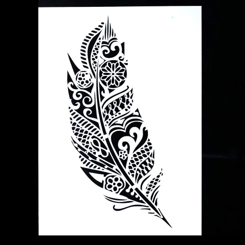Vista 2 de Plantilla decorativa de plumas de mandala para álbumes de recortes, pintura en paredes, muebles y manualidades (tamaño A2)