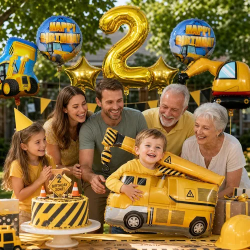 Vista 4 de Suministros de fiesta de 2º cumpleaños de construcción, juego de 9 globos de construcción con globo dorado del número 2 de 2 años, globo de aluminio