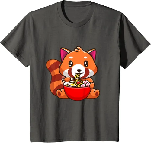 Vista 26 de Camiseta Kawaii Anime Red Panda Eating Ramen Noodles, Negro, S