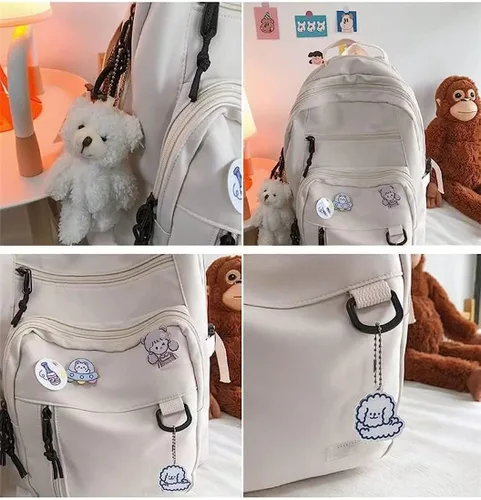 Vista 5 de Mochila estética, linda mochila Kawaii con alfileres y colgante para laptop, mochila casual para mujer, Beige, Mochilas Daypack