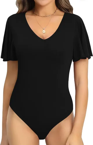 Vista 2 de MANGOPOP Body sexy de manga corta con volantes y cuello en V profundo para mujer