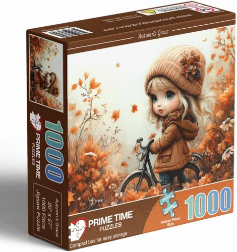 Vista 3 de Rompecabezas de 1000 piezas para adultos, linda chica con bicicleta en coloridas hojas y flores de otoño, rompecabezas desafiante perfecto