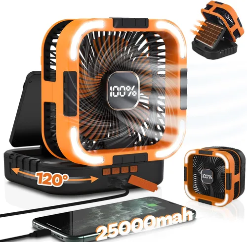Vista 11 de Ventilador Solar de Camping de 22000mAh, Ventilador Solar Recargable de Doble Panel con Luz LED, 5 Velocidades Ajustables Ventiladores Portátiles