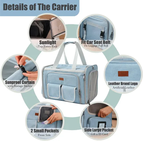 Vista 5 de Transportadores de gatos azul suave para perros, aprobado por aerolíneas, bolsa expandible para cachorros, lados blandos, expandido, bolsa de viaje