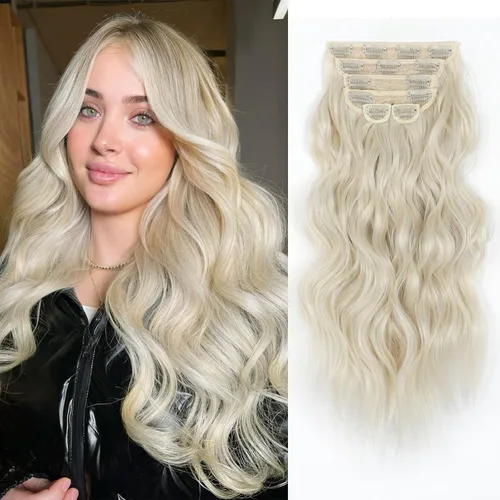 Vista 26 de Extensiones de cabello con clip de Vigorous de 20 pulgadas, con reflejos rubio playa, extensiones de cabello ondulado largo y suave de cabello