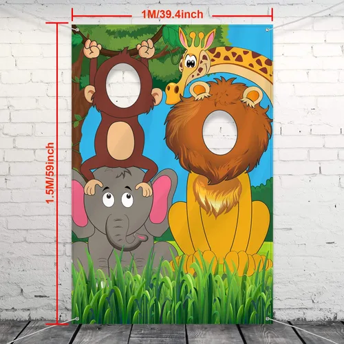 Vista 2 de Blulu Telón de fondo de fiesta de animales de la selva de 59 x 39.4 pulgadas, pancarta grande para cabina de fotos para fiestas de cumpleaños