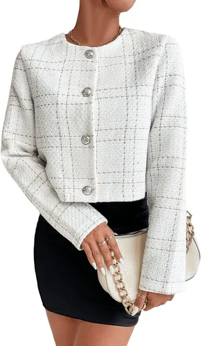 Vista 3 de SweatyRocks Chaqueta corta de manga larga a cuadros con cuello redondo y botones para mujer