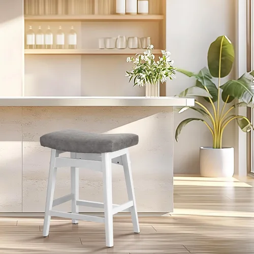 Vista 17 de ALPHA HOME Taburete de bar, taburete de cocina de silla de montar de madera maciza con cojín de tela de lino beige, taburete de bar de altura