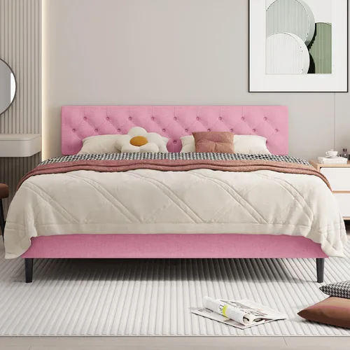 Vista 26 de BarnFurin Marco de cama tamaño completo con cabecero, cama de plataforma tapizada con cabecera acolchada con botones ajustables, marco de cama