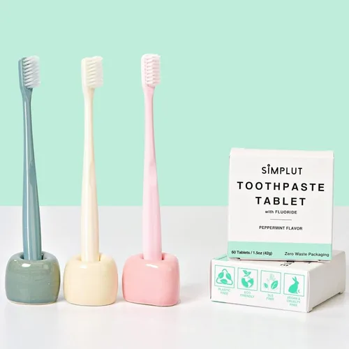 Vista 3 de Tabletas masticables de pasta de dientes con flúor, paquete de 60 – Cuidado bucal de tamaño de viaje, pestañas dentales veganas ecológicas
