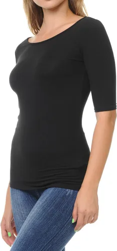 Vista 6 de SSOULM Camiseta básica elástica de manga 12 con cuello redondo y corte ajustado para mujer, talla grande