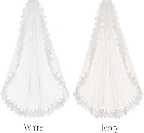 Vista 4 de BIJOU - Wedding Veils For Brides - Beautiful Mid-length - 40 inches Length - Bridal Veil With Lace Trim