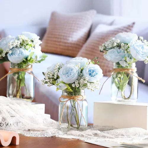 Vista 3 de Zeyune 6 juegos de tarros de albañil con flores, centro de mesa, decoración Azul
