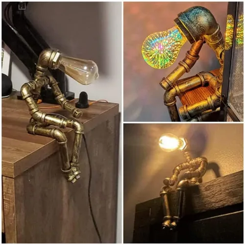 Vista 5 de Lámpara de mesa Steampunk, lámpara de escritorio retro industrial de bronce con 2 bombillas Edison regalo creativo