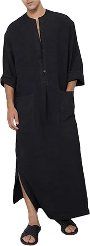 Vista 6 de Jacansi Bata de algodón con botones para hombre, manga larga, caftán, thobe, camisa casual para playa 01-Blanco