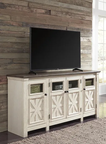 Vista 29 de Diseño de firma por Ashley Bolanburg - Soporte extra grande para TV, para televisores de hasta 72", 3 gabinetes, estantes de almacenamiento