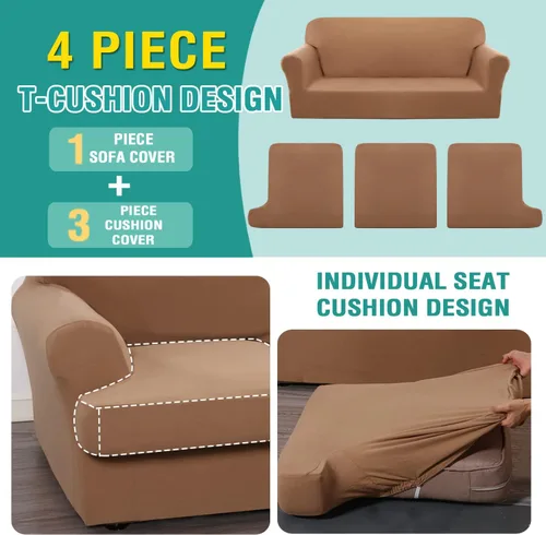 Vista 4 de Funda de sofá de forro polar con cojín en T, juego de 4 fundas de sofá suaves con 3 fundas de cojín individuales, protector de muebles elástico