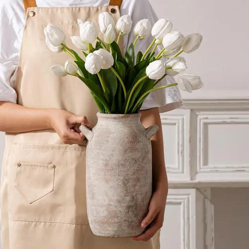 Vista 5 de Florero Grande para Decoración del Hogar - Jarrones de Mesa Rústicos de Cerámica Estilo Granja de 12 Pulgadas de Alto con Asa, Decoración de Sala