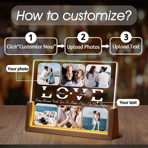 Vista 3 de Regalos de cumpleaños personalizados para parejas, para novio, novia, marido, esposa, marco de fotos iluminado con placa acrílica personalizada