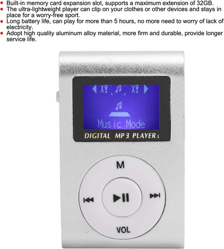 Vista 2 de Reproductor de MP3, pantalla LCD, reproductor de música, mini reproductor digital de clip con auriculares y cable USB, soporta hasta 32 GB (plateado)